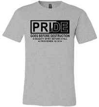 Load image into Gallery viewer, Pride Goes Before Destruction Bible Verse T Shirts, Proverbs 16-18 Tshirt grey
