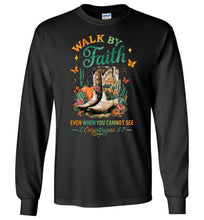 Load image into Gallery viewer, Christian Fall LS Tee Walk By Faith Cowgirl Boot Design black