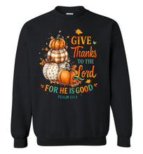Load image into Gallery viewer, Black sweatshirt with pumpkins and Thanksgiving text design on a white background