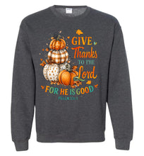 Load image into Gallery viewer, Dark gray sweatshirt with pumpkins and text design on a white background
