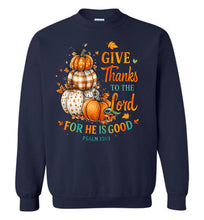 Load image into Gallery viewer, Navy blue sweatshirt with pumpkins and text design on a white background