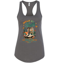 Load image into Gallery viewer, Christian Fall Racerback Tank Top Walk By Faith Cowgirl Boot Design grey