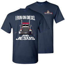 Load image into Gallery viewer, Christian Trucker T Shirts, I Run On Diesel And Jesus navy