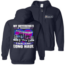 Load image into Gallery viewer, My Boyfriend's A Trucker And I'm In It For The Longhaul Truckers Girlfriend Hoodie navy zip