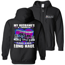 Load image into Gallery viewer, My Husband's A Trucker Wife Hoodie black zip