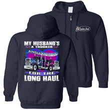 Load image into Gallery viewer, My Husband's A Trucker Wife Hoodie navy zip