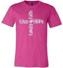 Load image into Gallery viewer, Faith Love Hope Family Cross Christian Quote Tee berry