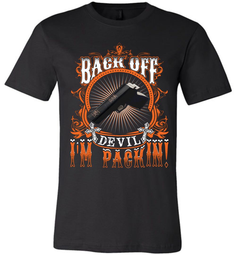 Back Off Devil I'm Packin' Christian T Shirts black