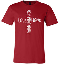 Load image into Gallery viewer, Faith Love Hope Family Cross Christian Quote Tee red