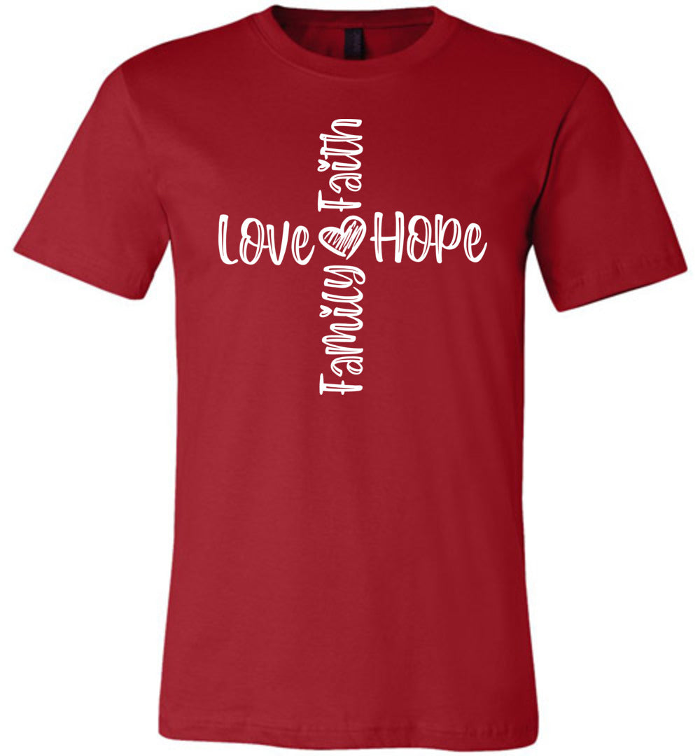 Faith Love Hope Family Cross Christian Quote Tee red