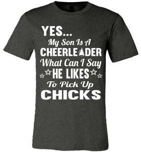 He Likes To Pick Up Chicks Cheer Mom Cheer Dad Shirts dark heather