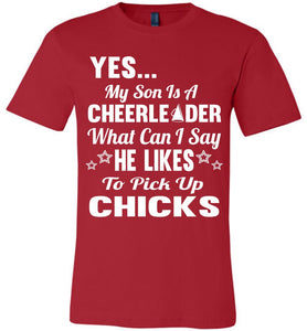 He Likes To Pick Up Chicks Cheer Mom Cheer Dad Shirts red