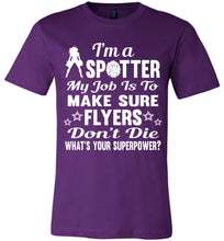 Load image into Gallery viewer, I'm A Spotter What's Your Superpower Cheer Backspot Shirts purple