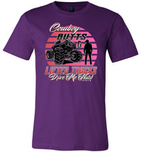 Load image into Gallery viewer, Cowboy Butts & Lifted Trucks Drive Me Nuts! Cowgirl T Shirt purple