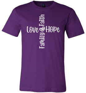 Faith Love Hope Family Cross Christian Quote Tee purple