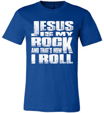 Load image into Gallery viewer, Christian T-Shirt, Jesus Is My Rock And That's How I Roll royal