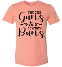 Load image into Gallery viewer, Trucks Guns And Cowboy Buns Country Cowgirl Girl T Shirts heather sunset