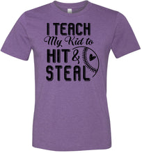 Load image into Gallery viewer, I Teach My Kid To Hit & Steal Baseball Parent Shirt purple