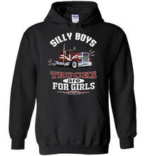 Load image into Gallery viewer, Silly Boys Trucks Are For Girls Women's Trucker Hoodie Pullover black