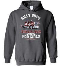 Load image into Gallery viewer, Silly Boys Trucks Are For Girls Women's Trucker Hoodie Pullover charcoal