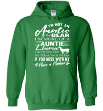 Load image into Gallery viewer, I'm Not An Auntie Bear I'm More Of An Auntie Llama Hoodie White Design Irish green