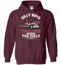 Load image into Gallery viewer, Silly Boys Trucks Are For Girls Women's Trucker Hoodie Pullover maroon