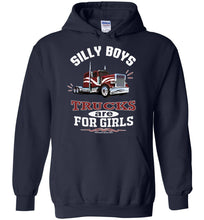 Load image into Gallery viewer, Silly Boys Trucks Are For Girls Women's Trucker Hoodie Pullover navy