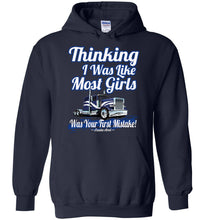 Load image into Gallery viewer, Thinking I Was Like Most Girls Was Your First Mistake Women's Trucker Hoodie navy
