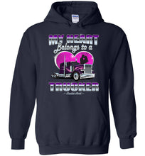 Load image into Gallery viewer, My Heart Belongs To A Trucker Truckers Wife Hoodie navy