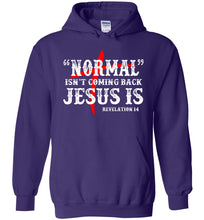 Load image into Gallery viewer, Christian Hoodie, Normal Isn't Coming Back Jesus Is purple