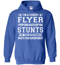 Load image into Gallery viewer, I'm A Cheer Flyer What's Your Superpower? Cheer Flyer Hoodies royal