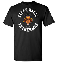 Load image into Gallery viewer, Happy Hallo Thanksmas Funny Holiday Tee Shirt black