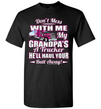 Load image into Gallery viewer, Don't Mess With Me My Grandpa's A Trucker Kid's Trucker Tee Pink Design Youth Black