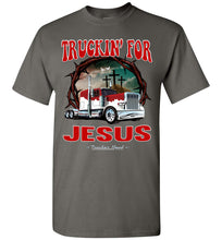 Load image into Gallery viewer, Truckin' For Jesus Christian Trucker T Shirt charcoal