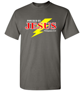 Powered By Jesus Christian T Shirt charcoal