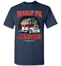 Load image into Gallery viewer, Truckin' For Jesus Christian Trucker T Shirt navy