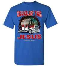 Load image into Gallery viewer, Truckin' For Jesus Christian Trucker T Shirt royal