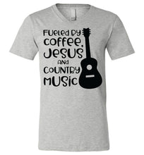 Load image into Gallery viewer, Fueled By Coffee Jesus And Country Music Country Cowgirl T Shirts v neck gray