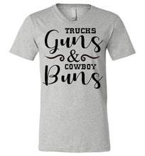 Load image into Gallery viewer, Trucks Guns And Cowboy Buns Country Cowgirl Girl T Shirts v-neck  athletic heather