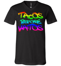 Load image into Gallery viewer, Tacos Before Vatos Funny Taco T Shirts black v-neck