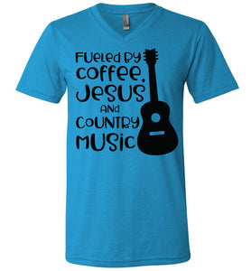 Fueled By Coffee Jesus And Country Music Country Cowgirl T Shirts v neck blue