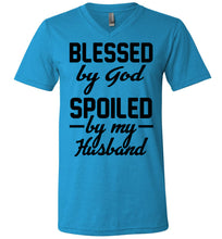 Load image into Gallery viewer, Blessed By God Spoiled By My Husband Wife T Shirt Sayings v-neck  neon blue