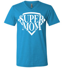 Load image into Gallery viewer, Super Mom T Shirt v-neck  neon blue