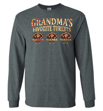 Load image into Gallery viewer, Grandma's Favorite Turkeys Funny Fall Shirts Funny Grandma Shirts LS dark gray heather