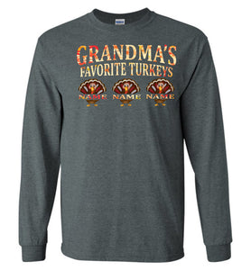 Grandma's Favorite Turkeys Funny Fall Shirts Funny Grandma Shirts LS dark gray heather