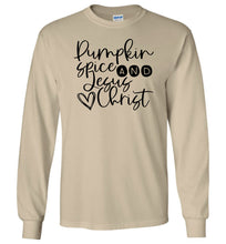 Load image into Gallery viewer, Pumpkin spice and Jesus Christ Long Sleeve T-Shirt tan