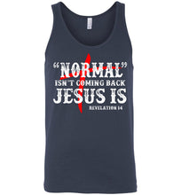 Load image into Gallery viewer, Normal Isn't Coming Back Jesus Is Christian Quote Tank Men's navy
