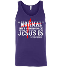Load image into Gallery viewer, Normal Isn't Coming Back Jesus Is Christian Quote Tank Men's Black purple