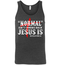 Load image into Gallery viewer, Normal Isn't Coming Back Jesus Is Christian Quote Tank Men's dark grey hether