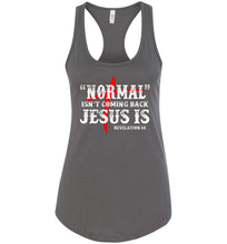 Load image into Gallery viewer, Normal Isn't Coming Back Jesus Is Christian Quote Tank racerback gray